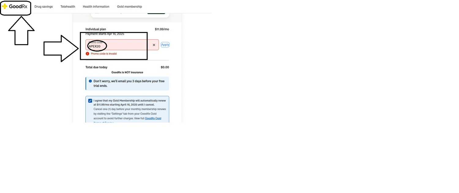 GoodRx promo code screenshot showing code APEX20 applied at GoodRx checkout page. Uploaded by SimplyCodes community member Carol_92737168 on Mar 17, 2025