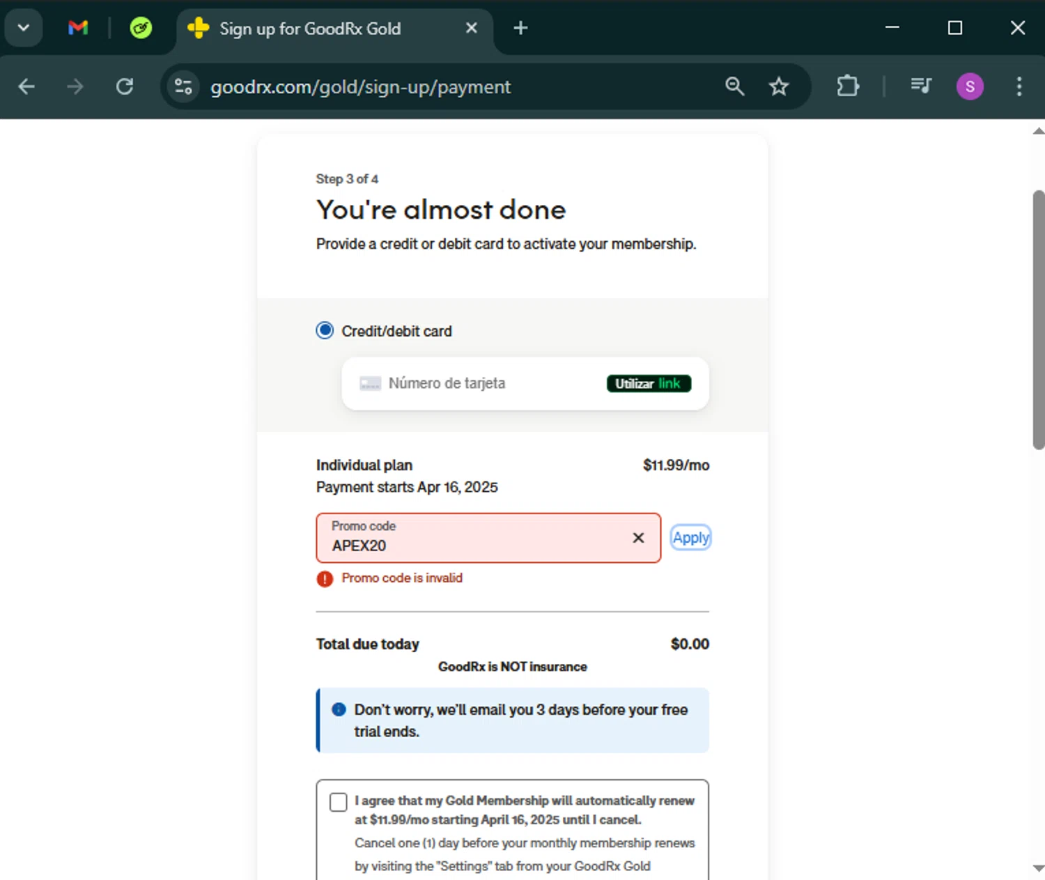 GoodRx promo code screenshot showing code APEX20 applied at GoodRx checkout page. Uploaded by SimplyCodes community member tinkle_tinkle on Mar 17, 2025