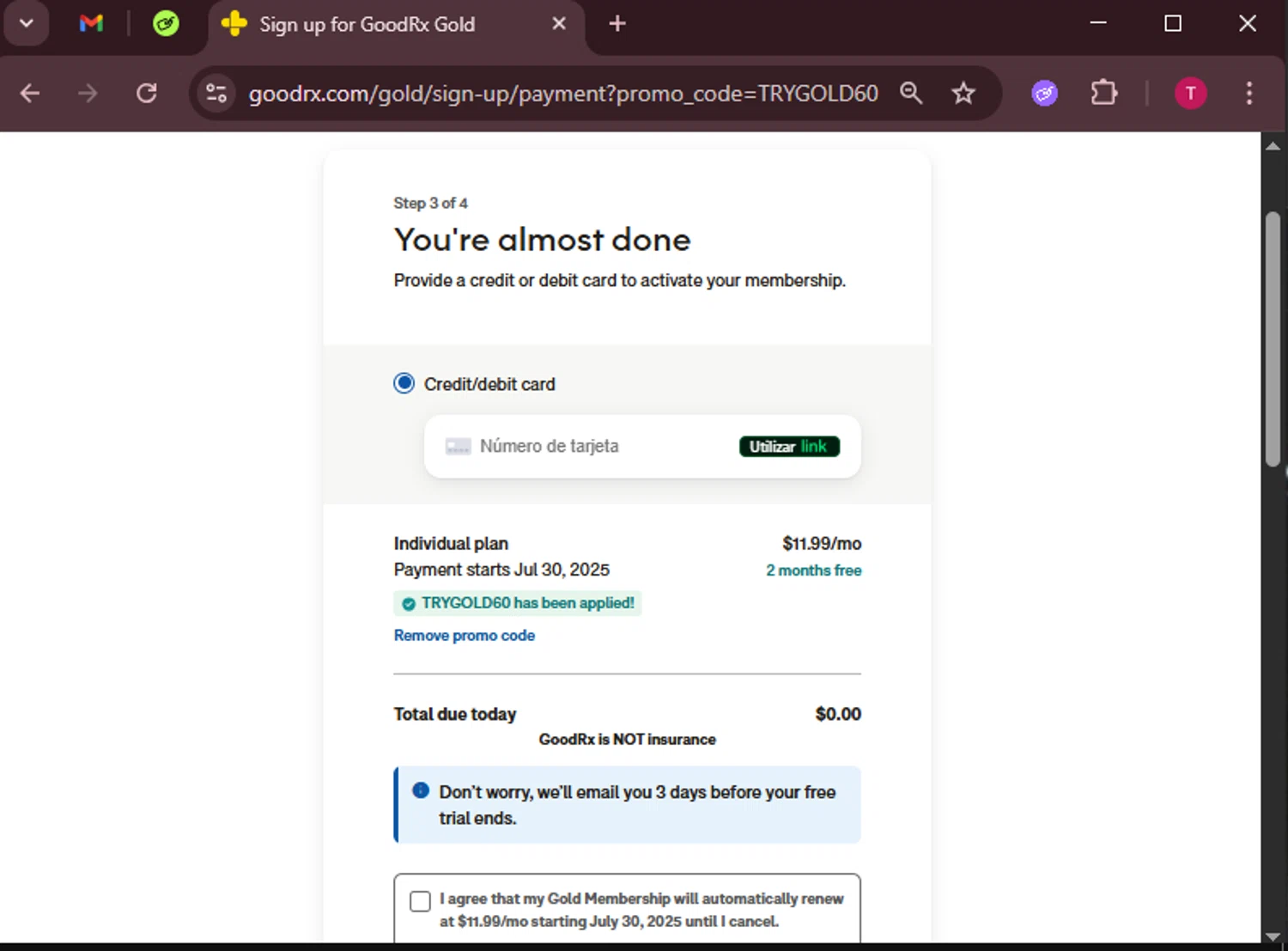 GoodRx promo code screenshot showing code TRYGOLD60 applied at GoodRx checkout page. Uploaded by SimplyCodes community member WiseScout3498 on May 1, 2025