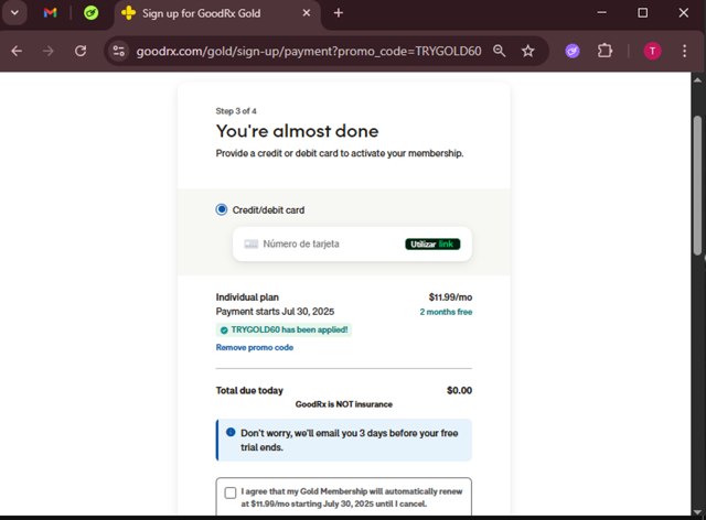 GoodRx checkout page showing GoodRx promo code box | Screenshot taken by SimplyCodes community member on May 1, 2025