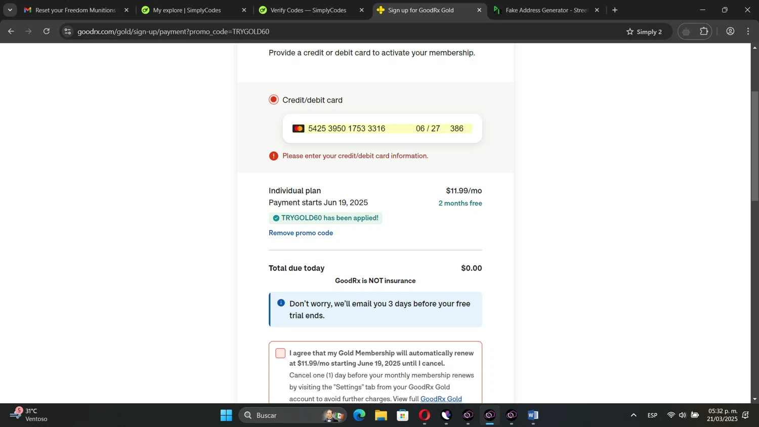 GoodRx promo code screenshot showing code TRYGOLD60 applied at GoodRx checkout page. Uploaded by SimplyCodes community member TreasureNavigator332 on Mar 21, 2025