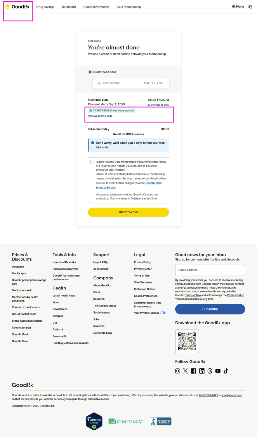 GoodRx promo code screenshot showing code CARECREDIT20 applied at GoodRx checkout page. Uploaded by SimplyCodes community member gregorioalvins on Aug 3, 2025