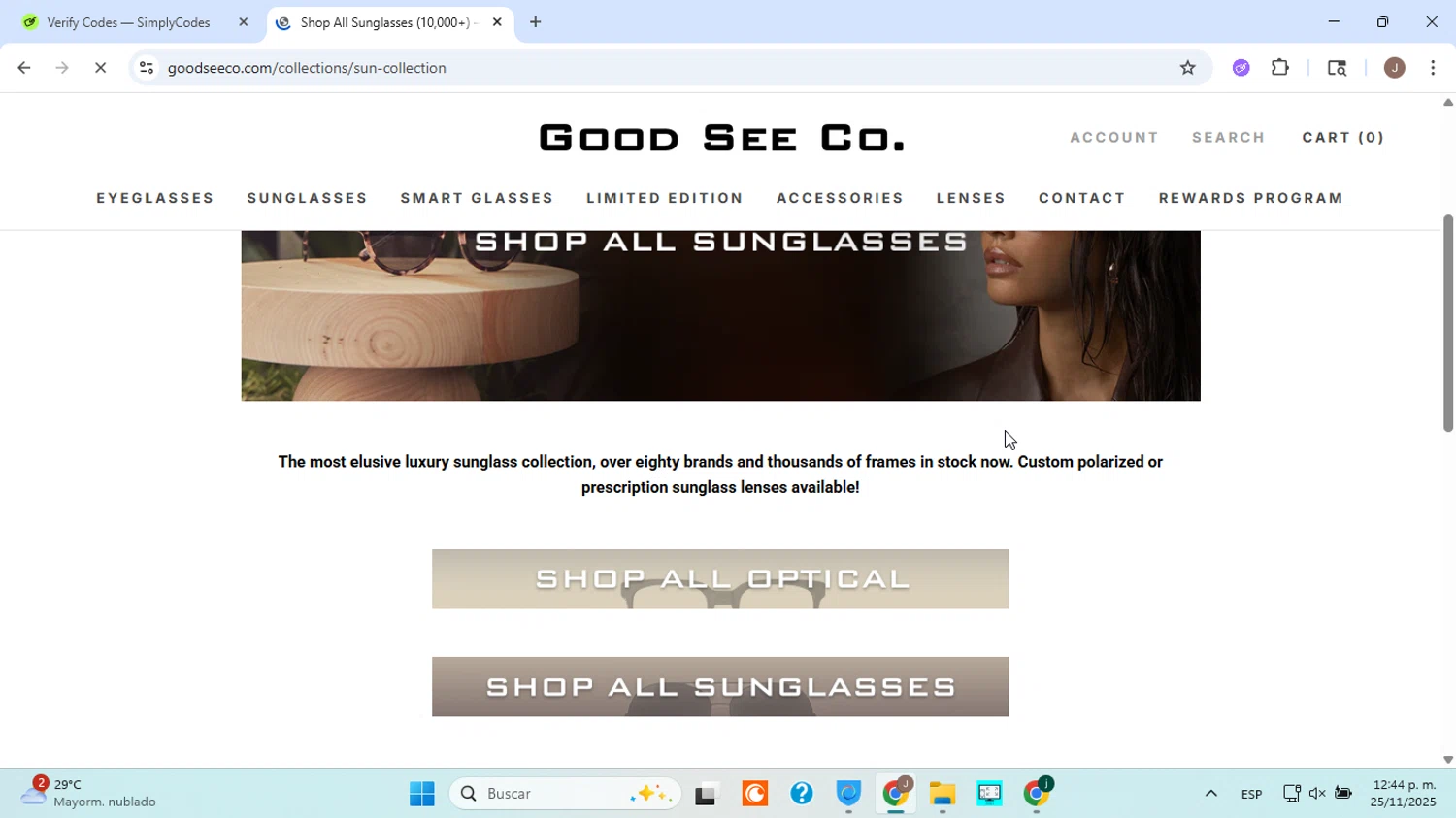 Good See Co. promo code screenshot showing code SAVE10NOW!! applied at Good See Co. checkout page. Uploaded by SimplyCodes community member ABHF23 on Nov 25, 2025