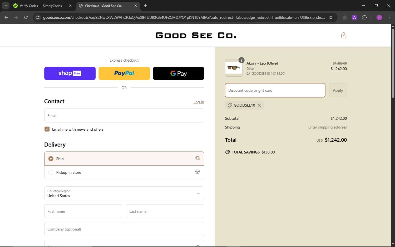 Good See Co. promo code screenshot showing code GOODSEE10 applied at Good See Co. checkout page. Uploaded by SimplyCodes community member TokenChaser4876 on Apr 1, 2025