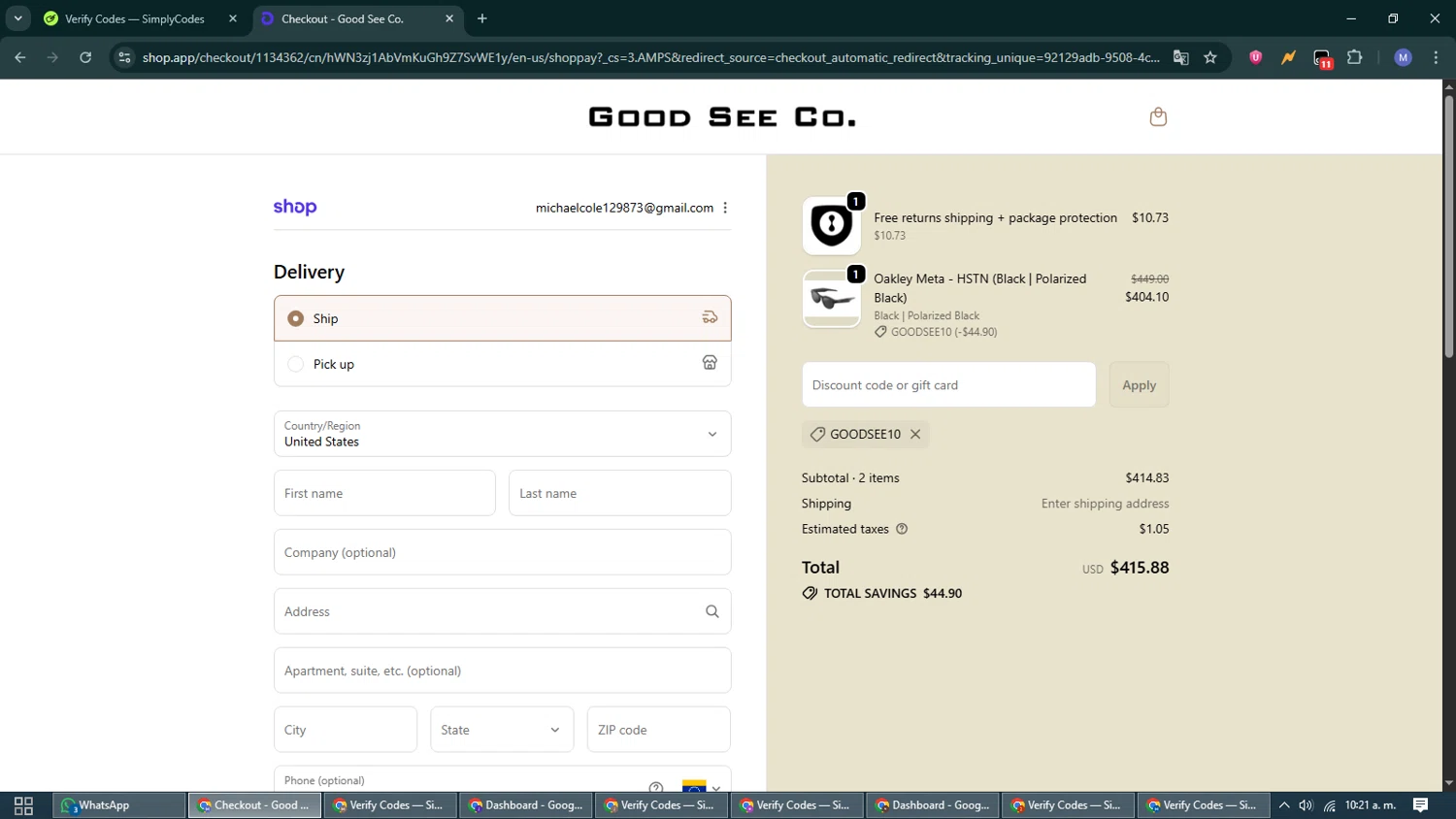 Good See Co. promo code screenshot showing code GOODSEE10 applied at Good See Co. checkout page. Uploaded by SimplyCodes community member VoucherCurator824 on Oct 11, 2025