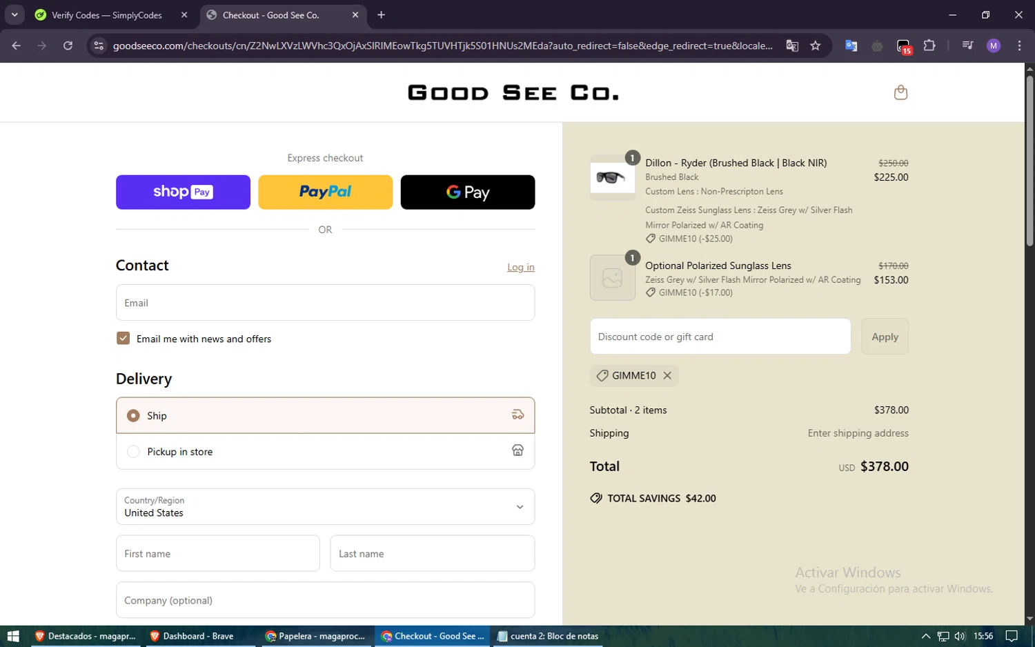 Good See Co. promo code screenshot showing code GIMME10 applied at Good See Co. checkout page. Uploaded by SimplyCodes community member usuario500 on May 5, 2025