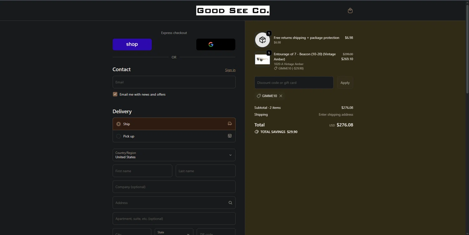 Good See Co. promo code screenshot showing code GIMME10 applied at Good See Co. checkout page. Uploaded by SimplyCodes community member CrownExpert4084 on Nov 20, 2025