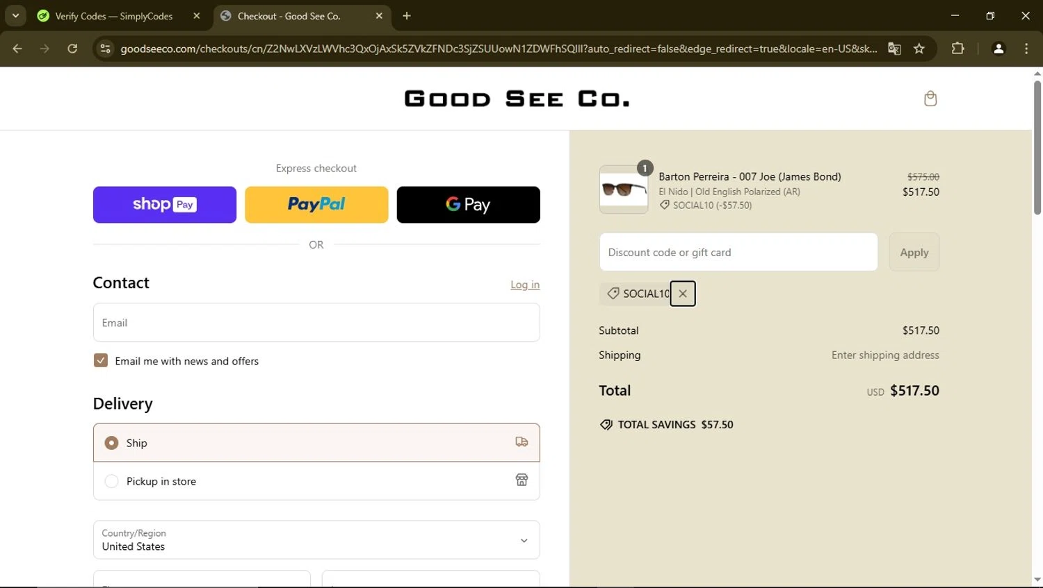 Good See Co. promo code screenshot showing code Social10 applied at Good See Co. checkout page. Uploaded by SimplyCodes community member FrugalSeeker3437 on Mar 10, 2025