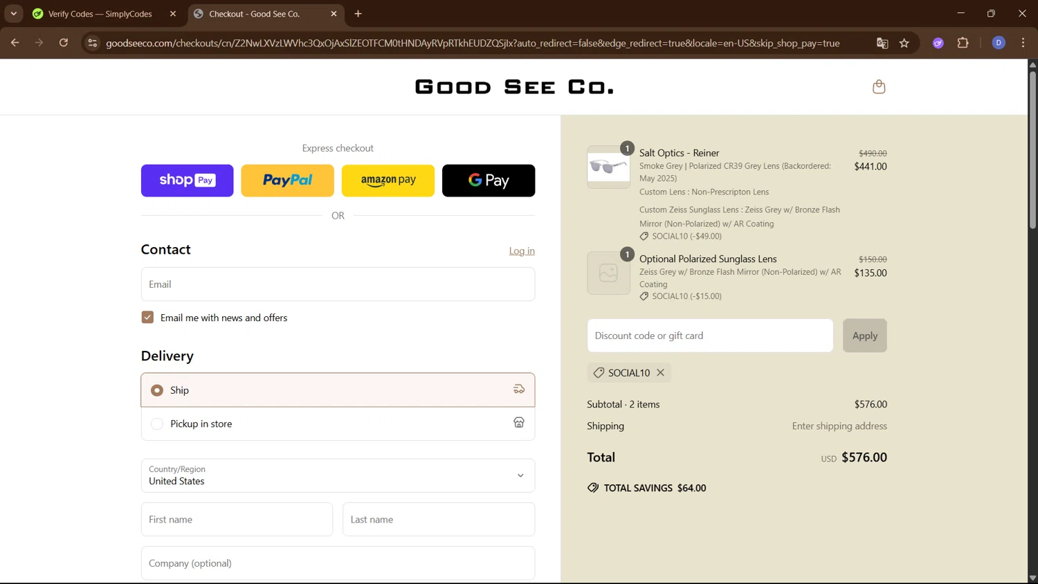 Good See Co. promo code screenshot showing code Social10 applied at Good See Co. checkout page. Uploaded by SimplyCodes community member PennyCurator6489 on May 16, 2025