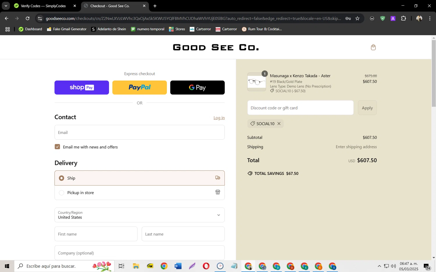 Good See Co. promo code screenshot showing code Social10 applied at Good See Co. checkout page. Uploaded by SimplyCodes community member jeysosmoore on Mar 5, 2025
