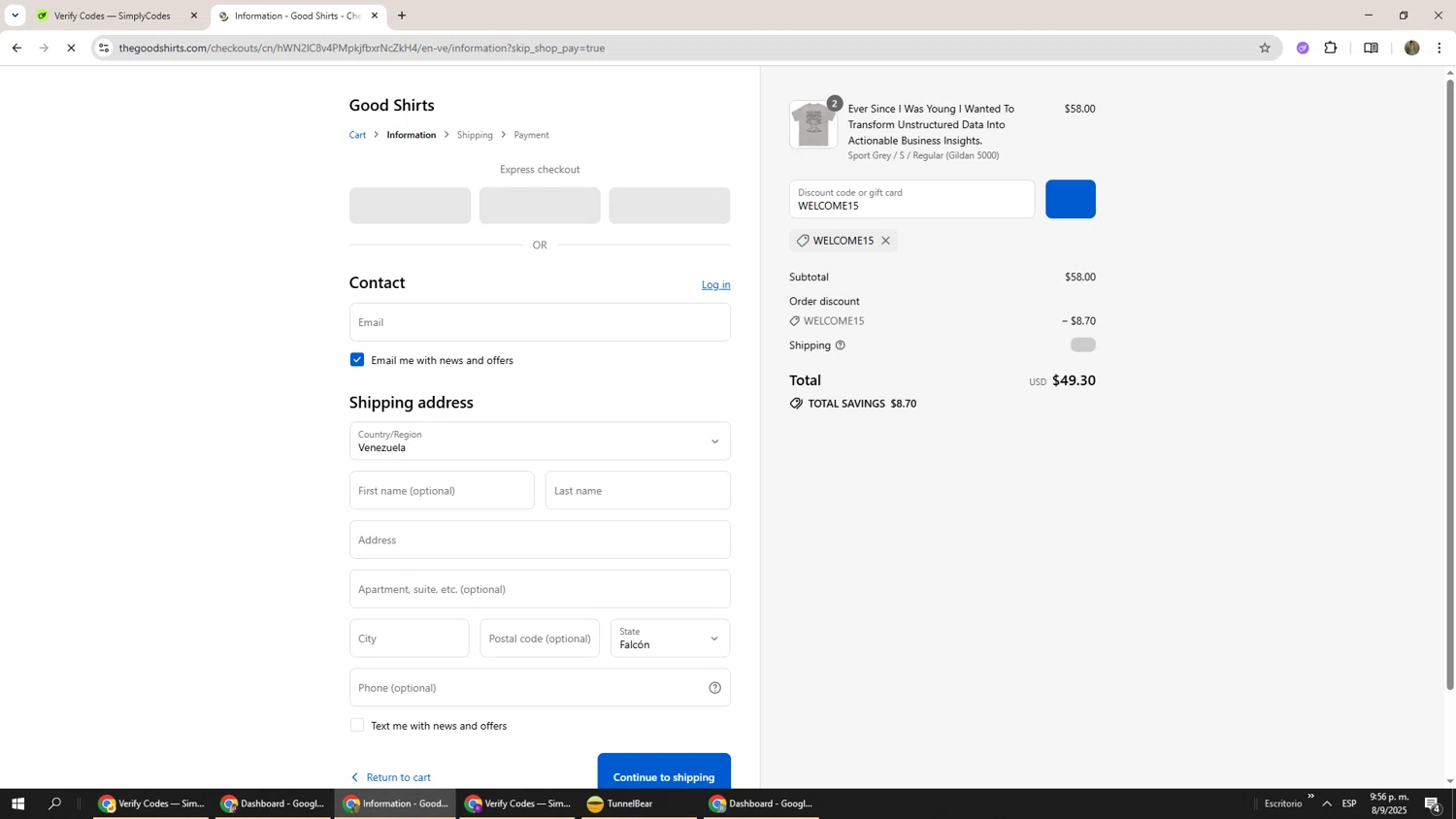 Good Shirts discount code screenshot showing code WELCOME15 applied at Good Shirts checkout page. Uploaded by SimplyCodes community member Phoenix585 on Sep 9, 2025