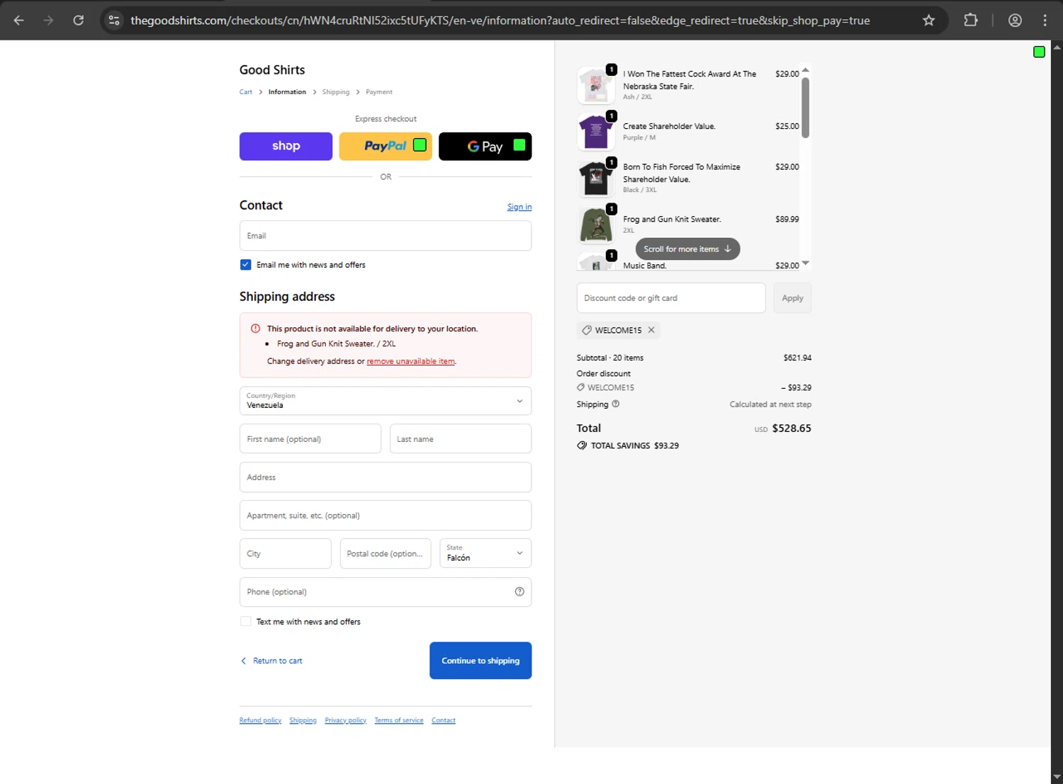 Good Shirts discount code screenshot showing code WELCOME15 applied at Good Shirts checkout page. Uploaded by SimplyCodes community member jickselyspolanco on Oct 28, 2025