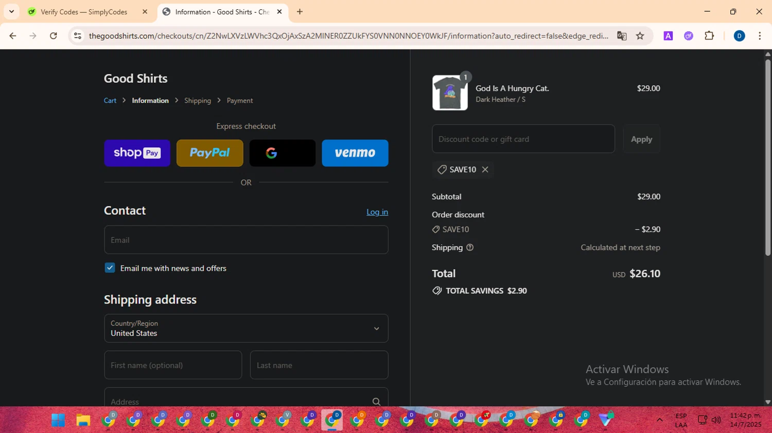 Good Shirts discount code screenshot showing code SAVE10 applied at Good Shirts checkout page. Uploaded by SimplyCodes community member DealVoyager8768 on Jul 15, 2025