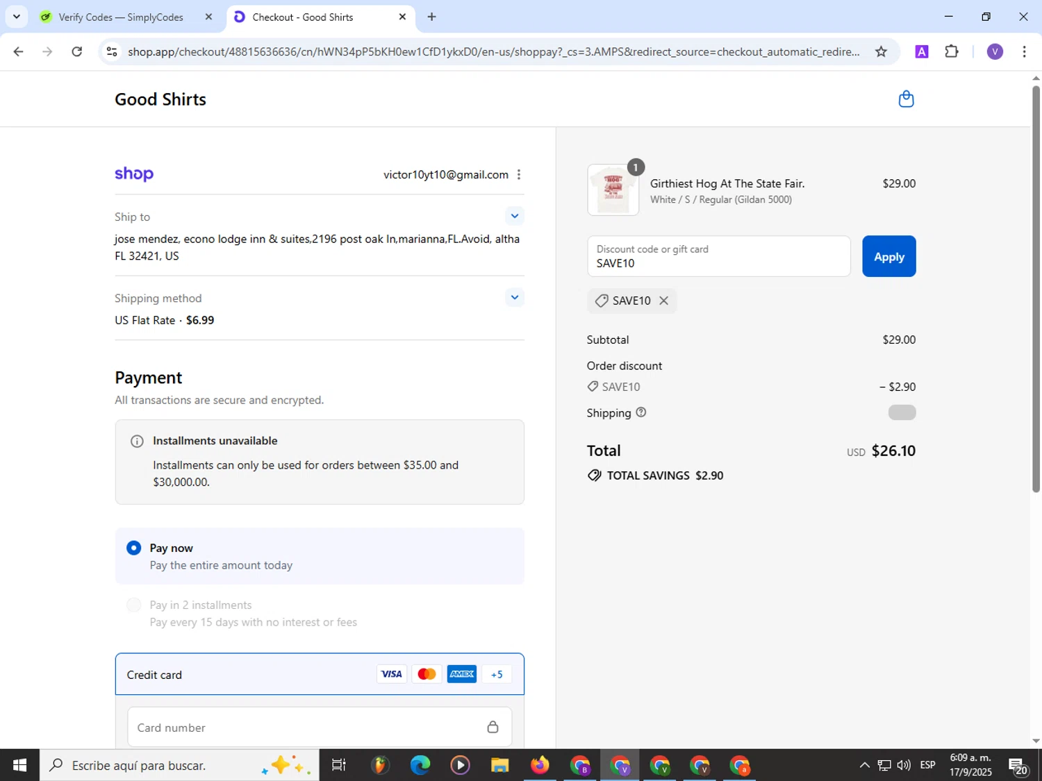 Good Shirts discount code screenshot showing code SAVE10 applied at Good Shirts checkout page. Uploaded by SimplyCodes community member Satoru_gojo on Sep 17, 2025