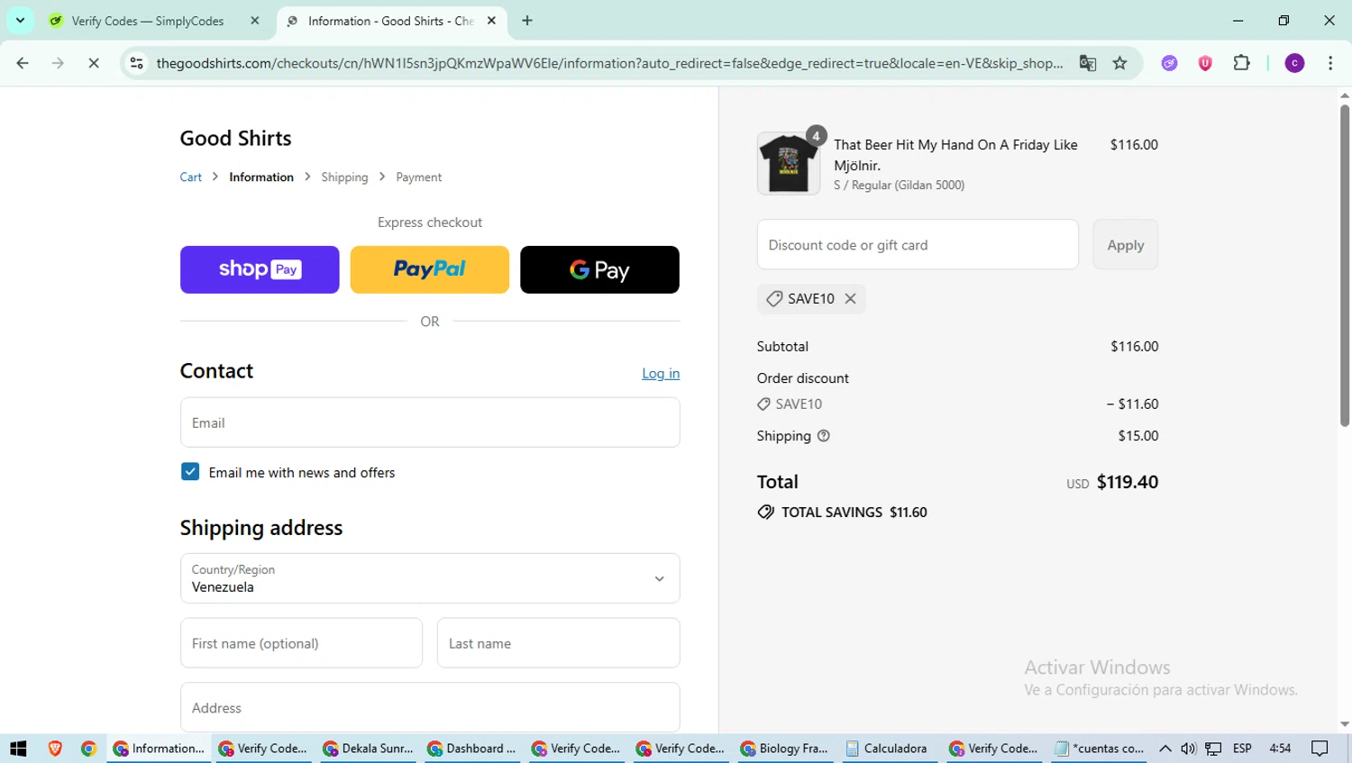 Good Shirts discount code screenshot showing code SAVE10 applied at Good Shirts checkout page. Uploaded by SimplyCodes community member suieeloves on Aug 1, 2025