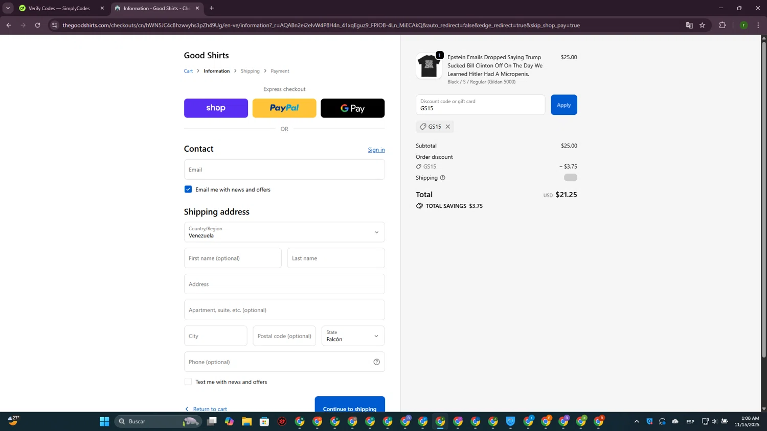 Good Shirts discount code screenshot showing code GS15 applied at Good Shirts checkout page. Uploaded by SimplyCodes community member GoldScout9735 on Nov 15, 2025