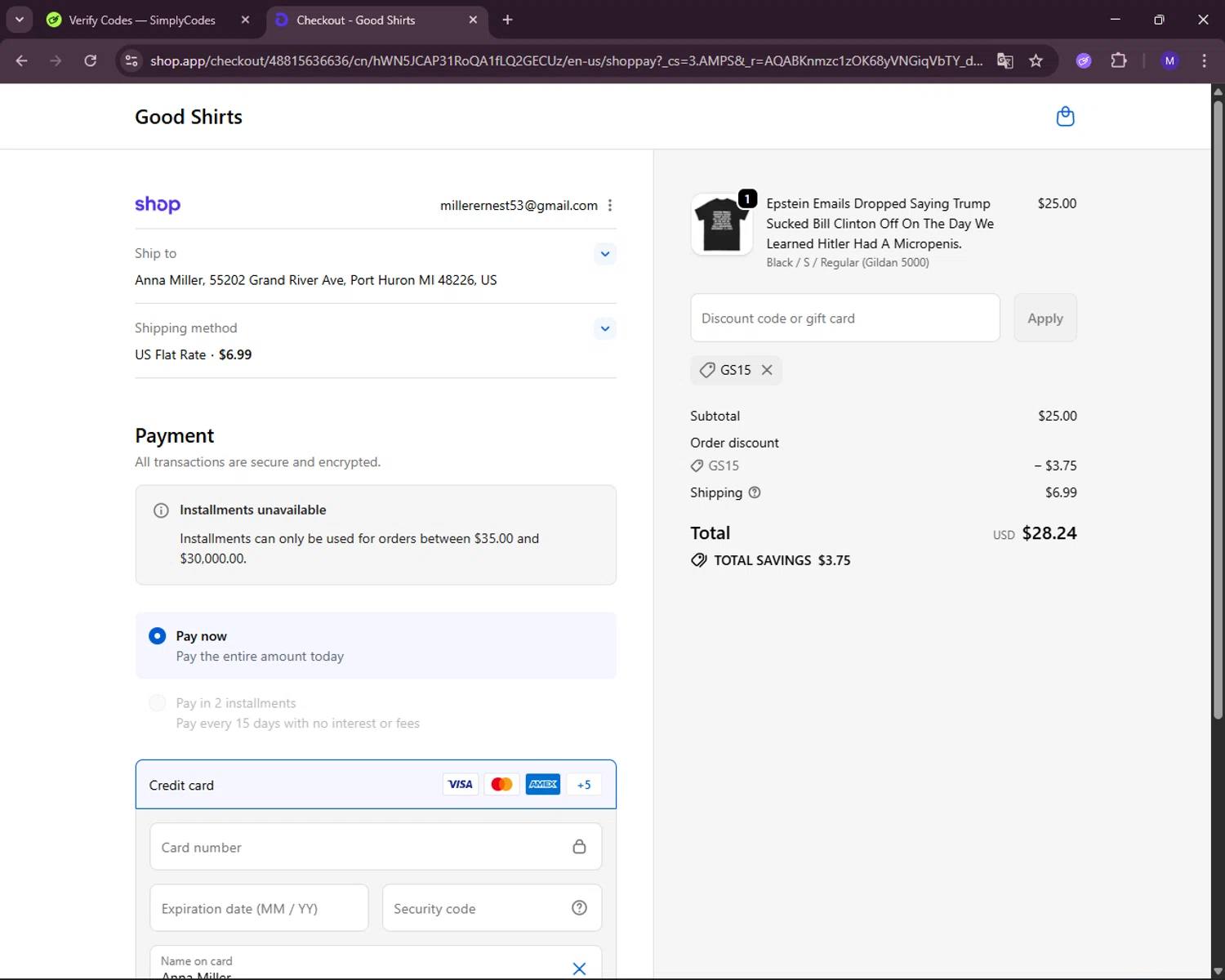 Good Shirts discount code screenshot showing code GS15 applied at Good Shirts checkout page. Uploaded by SimplyCodes community member RewardLynx5307 on Nov 15, 2025