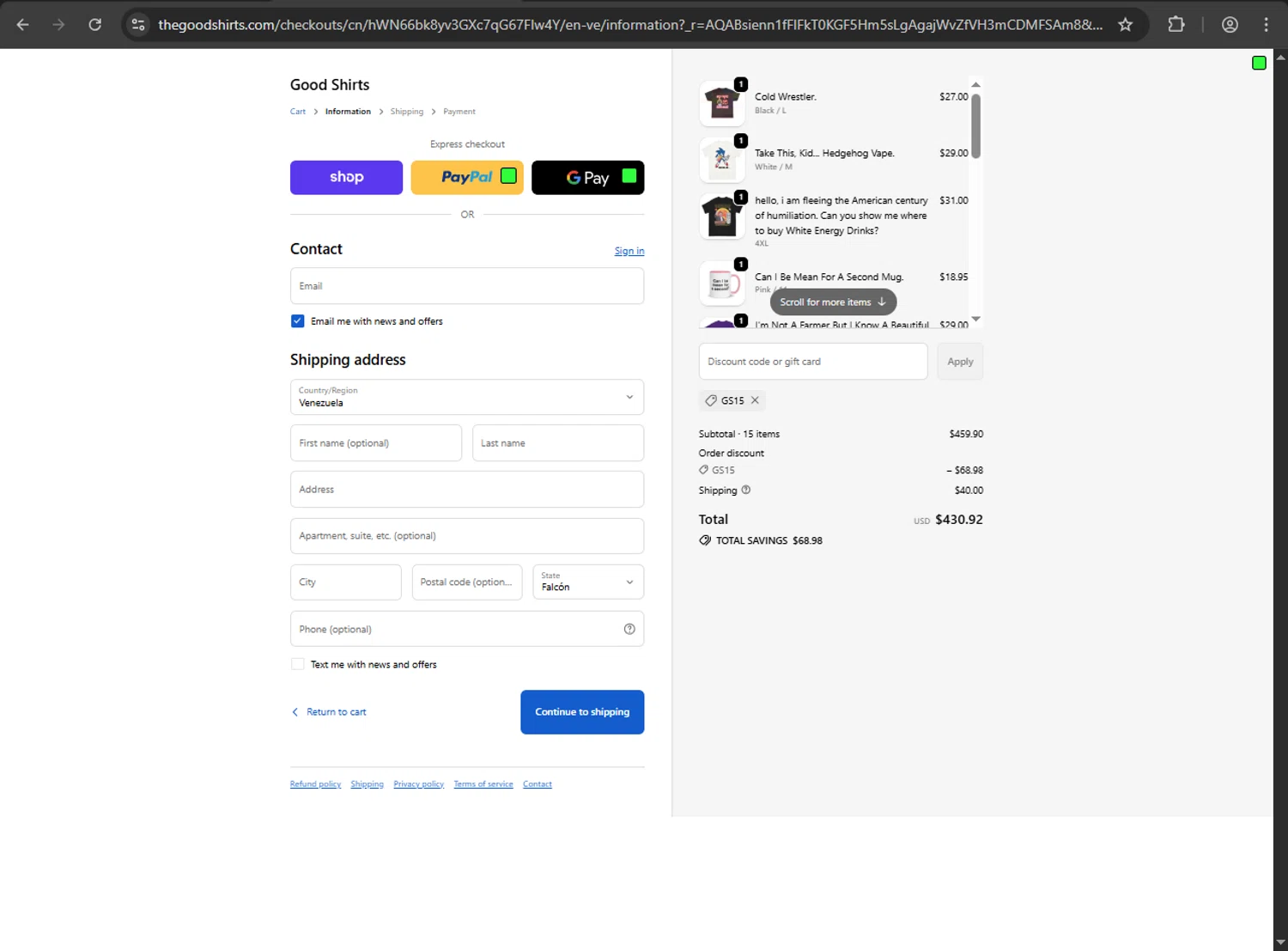 Good Shirts discount code screenshot showing code GS15 applied at Good Shirts checkout page. Uploaded by SimplyCodes community member fiadaz on Dec 6, 2025