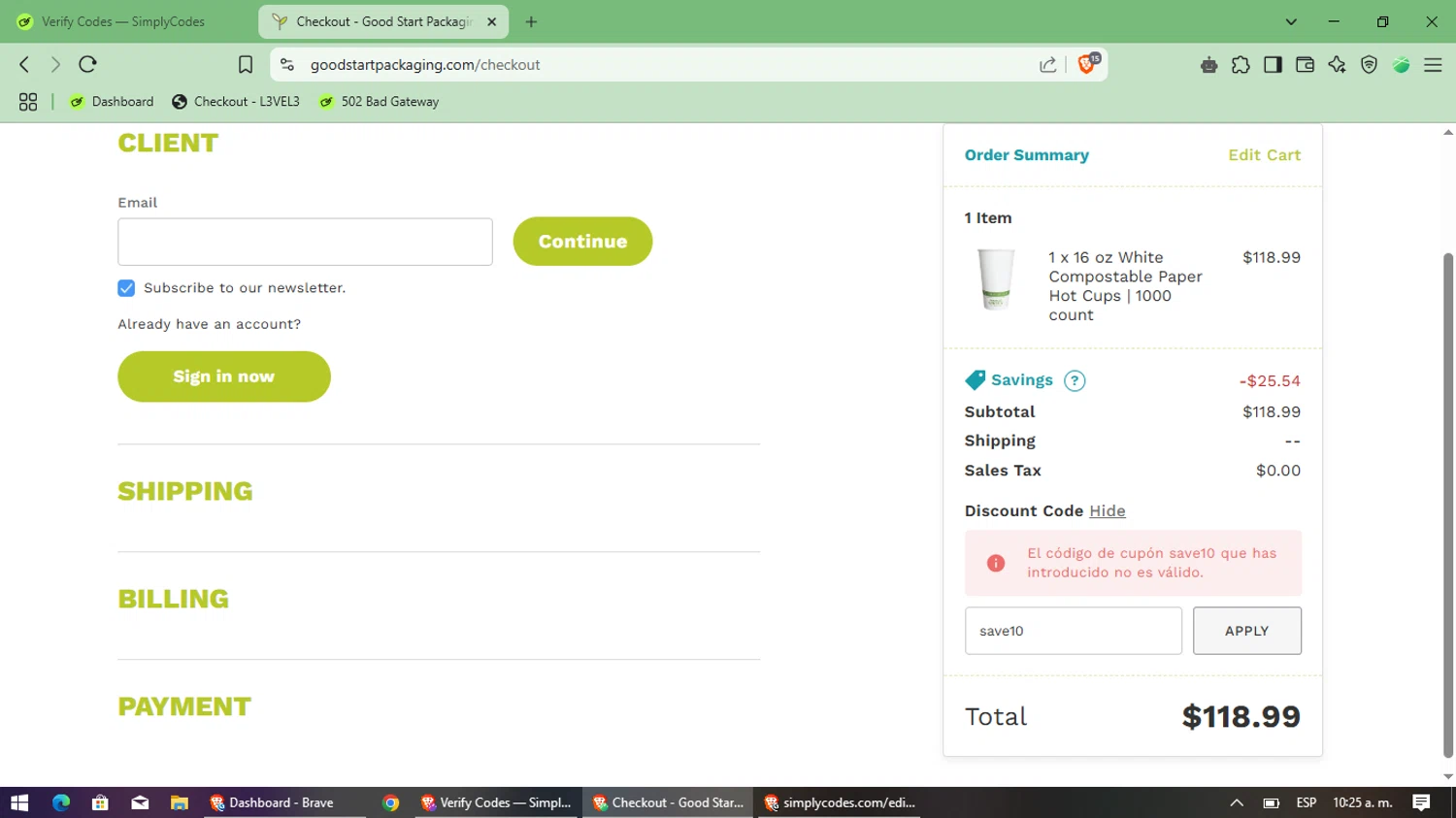 Good Start Packaging discount code screenshot showing code save10 applied at Good Start Packaging checkout page. Uploaded by SimplyCodes community member LegendaryMaestro9761 on Apr 22, 2025