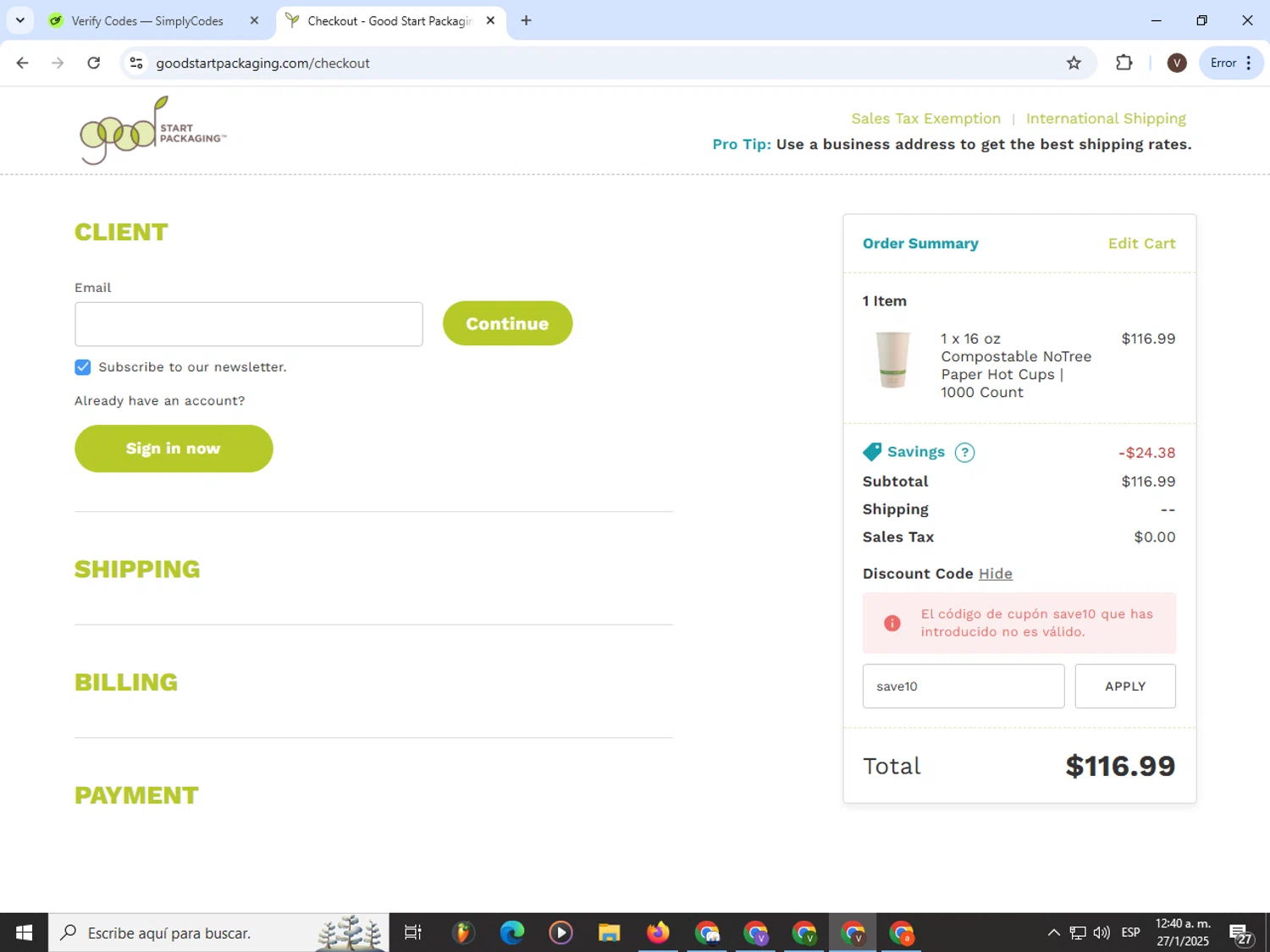 Good Start Packaging discount code screenshot showing code save10 applied at Good Start Packaging checkout page. Uploaded by SimplyCodes community member CashLion3448 on Jan 27, 2025