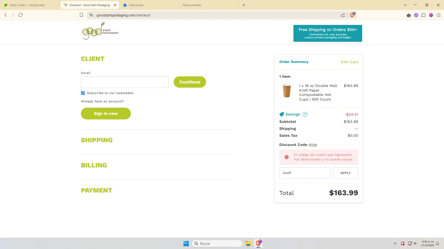 Good Start Packaging discount code screenshot showing code 20off applied at Good Start Packaging checkout page. Uploaded by SimplyCodes community member VictoriousDefender7352 on May 17, 2025