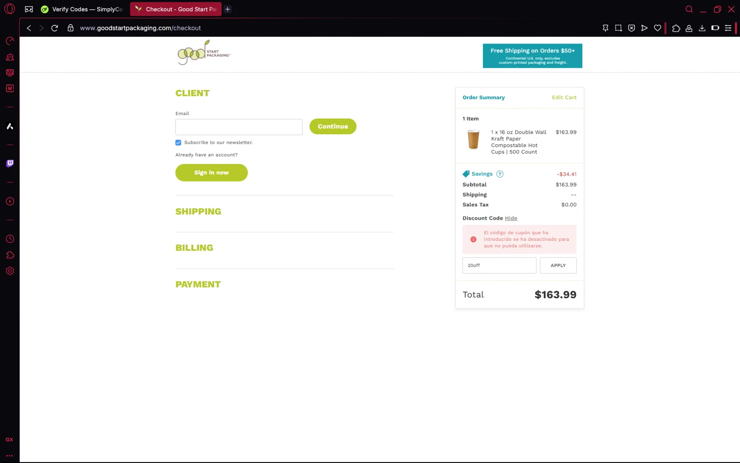 Good Start Packaging discount code screenshot showing code 20off applied at Good Start Packaging checkout page. Uploaded by SimplyCodes community member frijolito on May 17, 2025