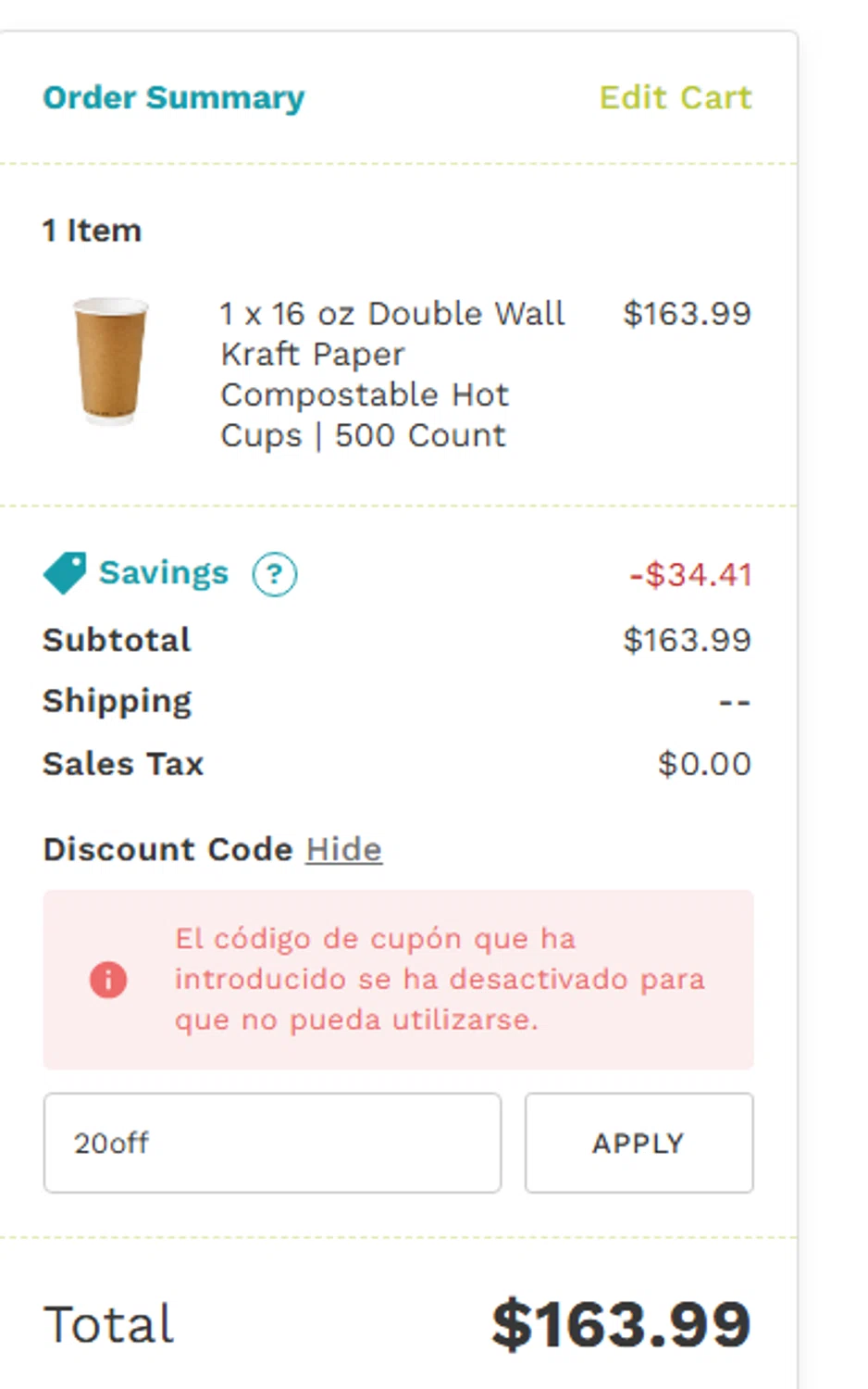 Good Start Packaging checkout page showing Good Start Packaging discount code box | Screenshot taken by SimplyCodes community member on Apr 22, 2025