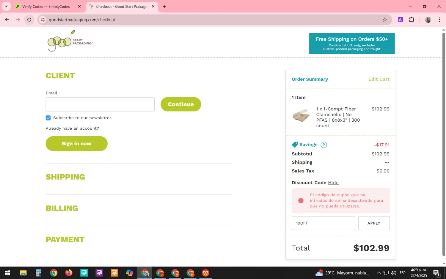 Good Start Packaging discount code screenshot showing code 10OFF applied at Good Start Packaging checkout page. Uploaded by SimplyCodes community member SARAI13 on Apr 22, 2025