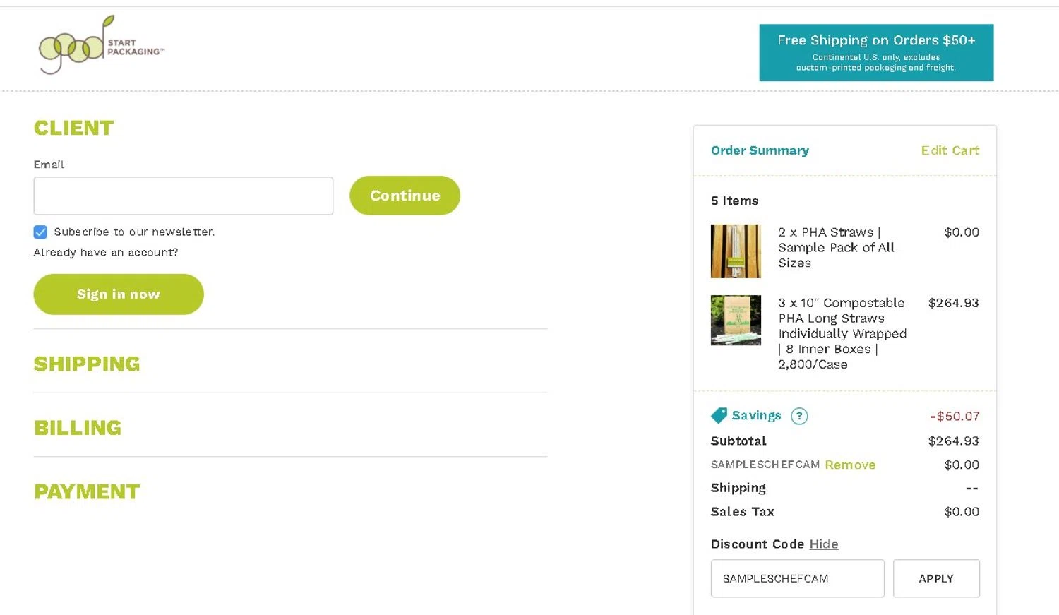 Good Start Packaging discount code screenshot showing code SAMPLESCHEFCAM applied at Good Start Packaging checkout page. Uploaded by SimplyCodes community member LAMINEJAMAL on Jun 19, 2025