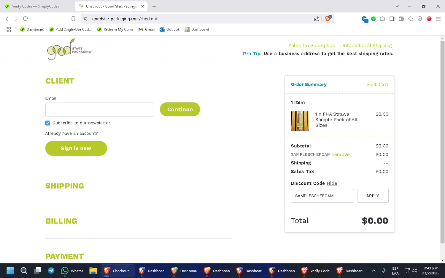 Good Start Packaging discount code screenshot showing code SAMPLESCHEFCAM applied at Good Start Packaging checkout page. Uploaded by SimplyCodes community member Wukong on Feb 23, 2025