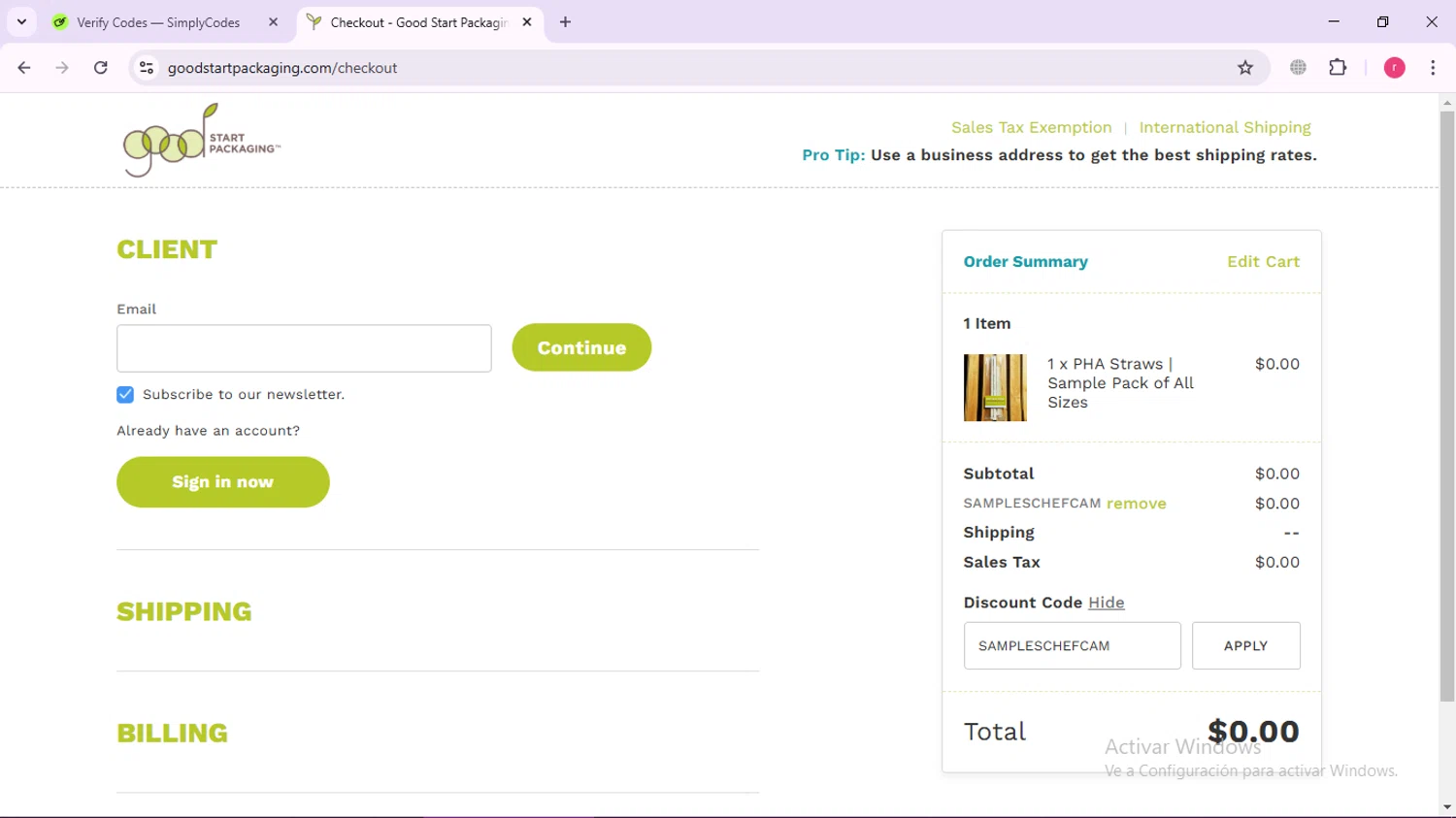 Good Start Packaging discount code screenshot showing code SAMPLESCHEFCAM applied at Good Start Packaging checkout page. Uploaded by SimplyCodes community member Ronny50 on Feb 23, 2025