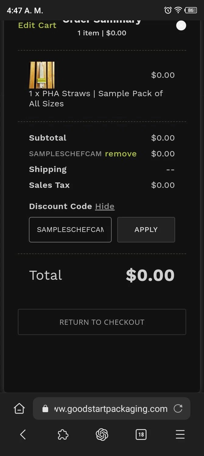 Good Start Packaging checkout page showing Good Start Packaging discount code box | Screenshot taken by SimplyCodes community member on Nov 4, 2024