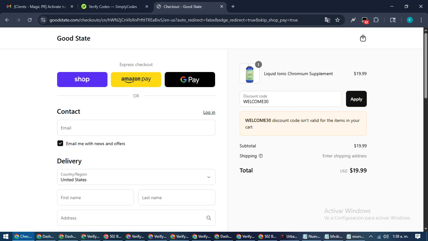 Good State discount code screenshot showing code WELCOME30 applied at Good State checkout page. Uploaded by SimplyCodes community member ShrewdTitan3233 on Sep 8, 2025