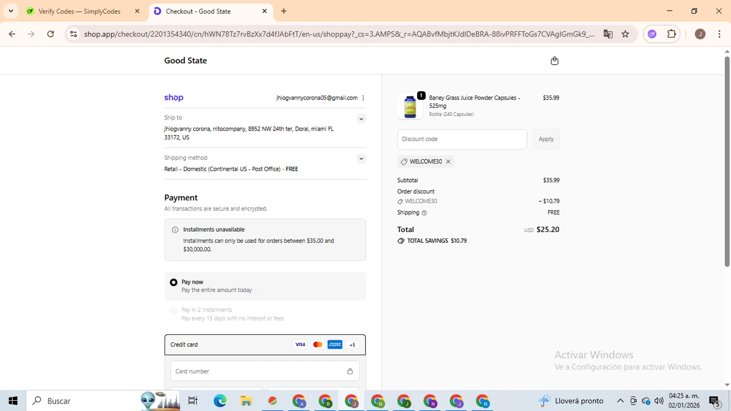 Good State discount code screenshot showing code WELCOME30 applied at Good State checkout page. Uploaded by SimplyCodes community member ValiantHero2365 on Jan 2, 2026