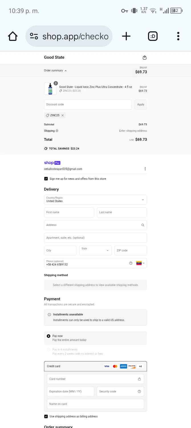 Good State discount code screenshot showing code ZINC25 applied at Good State checkout page. Uploaded by SimplyCodes community member Bernado on Jun 11, 2025