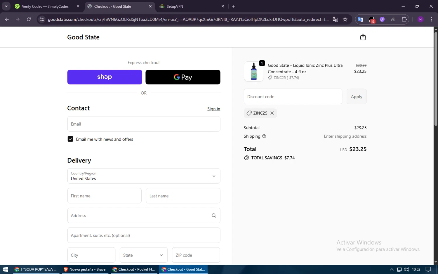 Good State discount code screenshot showing code ZINC25 applied at Good State checkout page. Uploaded by SimplyCodes community member ShieldElite2370 on Dec 10, 2025