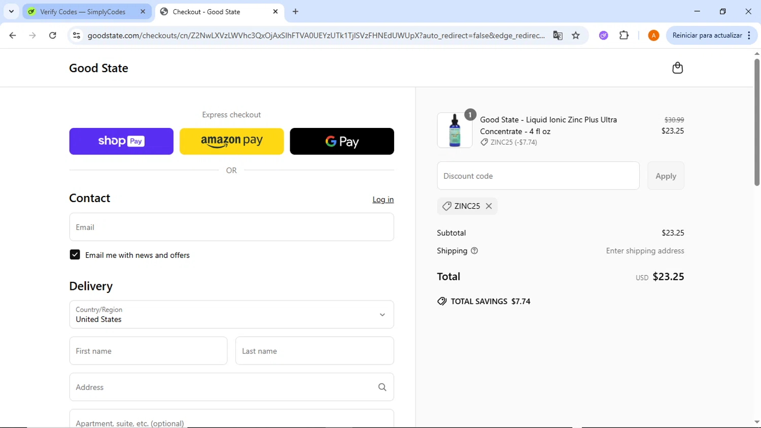 Good State discount code screenshot showing code ZINC25 applied at Good State checkout page. Uploaded by SimplyCodes community member ThriftyMaverick437 on Jun 11, 2025