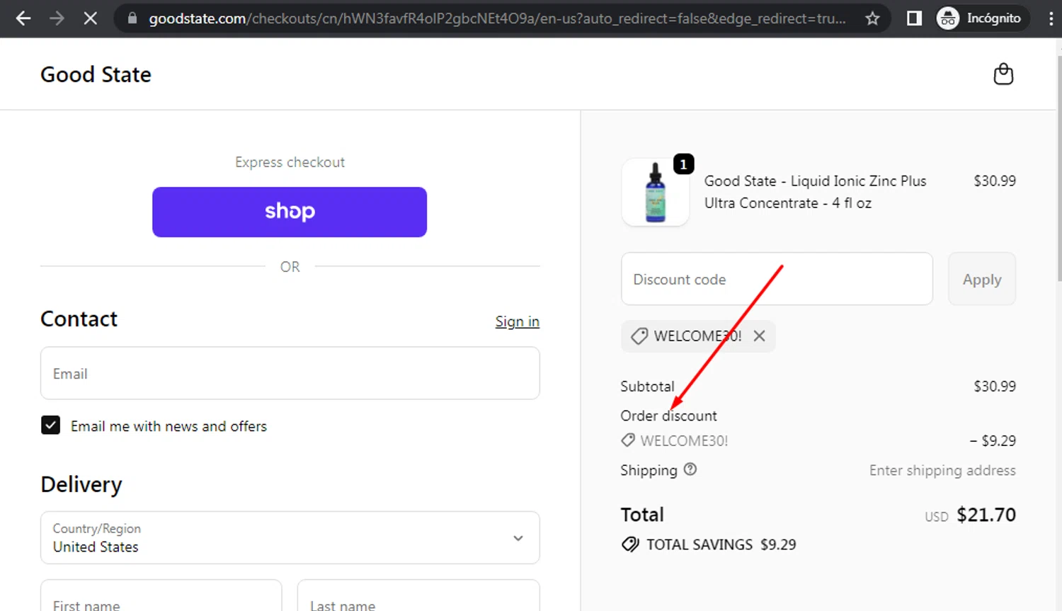 Good State discount code screenshot showing code WELCOME30! applied at Good State checkout page. Uploaded by SimplyCodes community member Darien on Oct 3, 2025