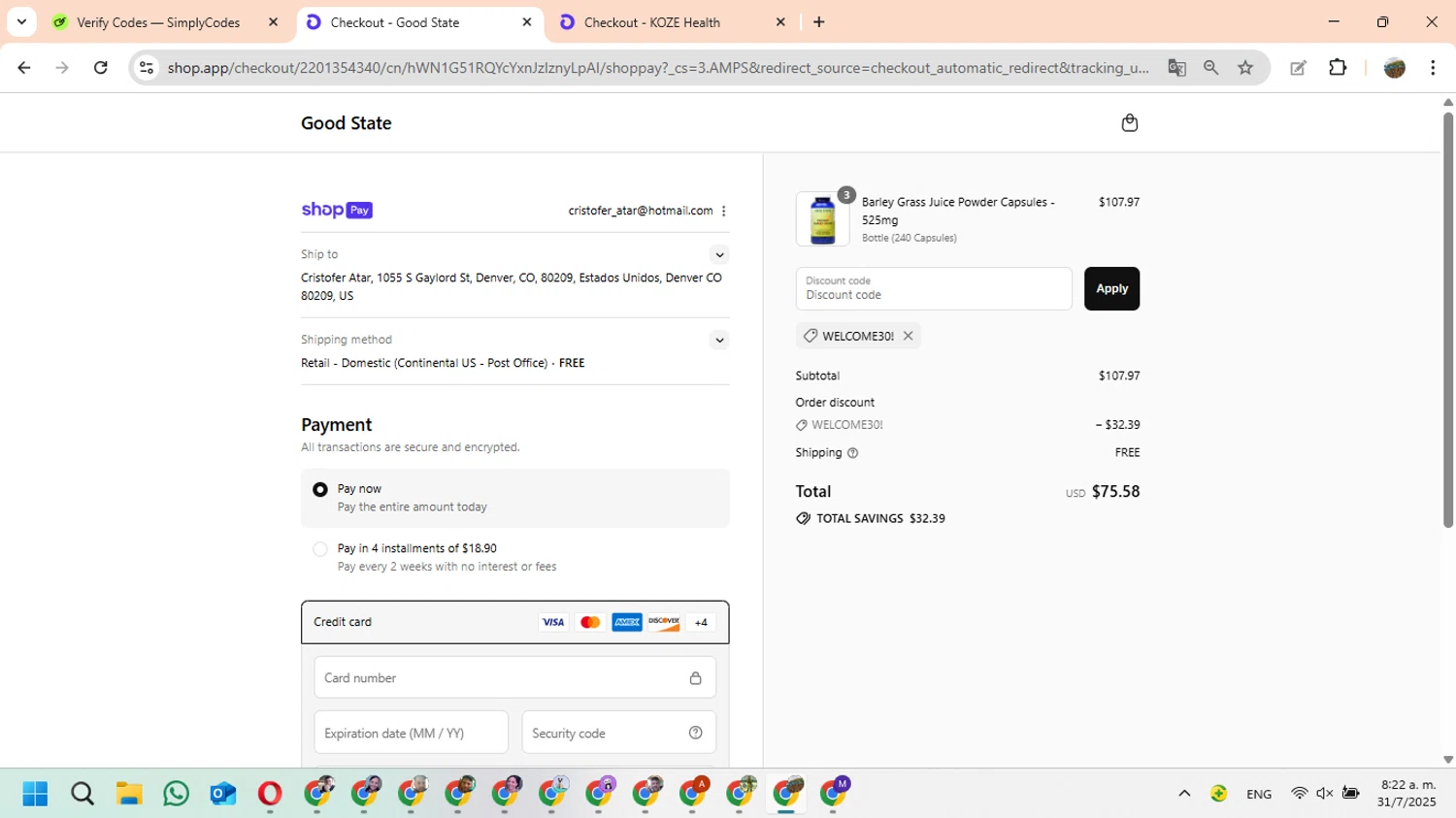 Good State discount code screenshot showing code WELCOME30! applied at Good State checkout page. Uploaded by SimplyCodes community member FundoEsperanza on Jul 31, 2025