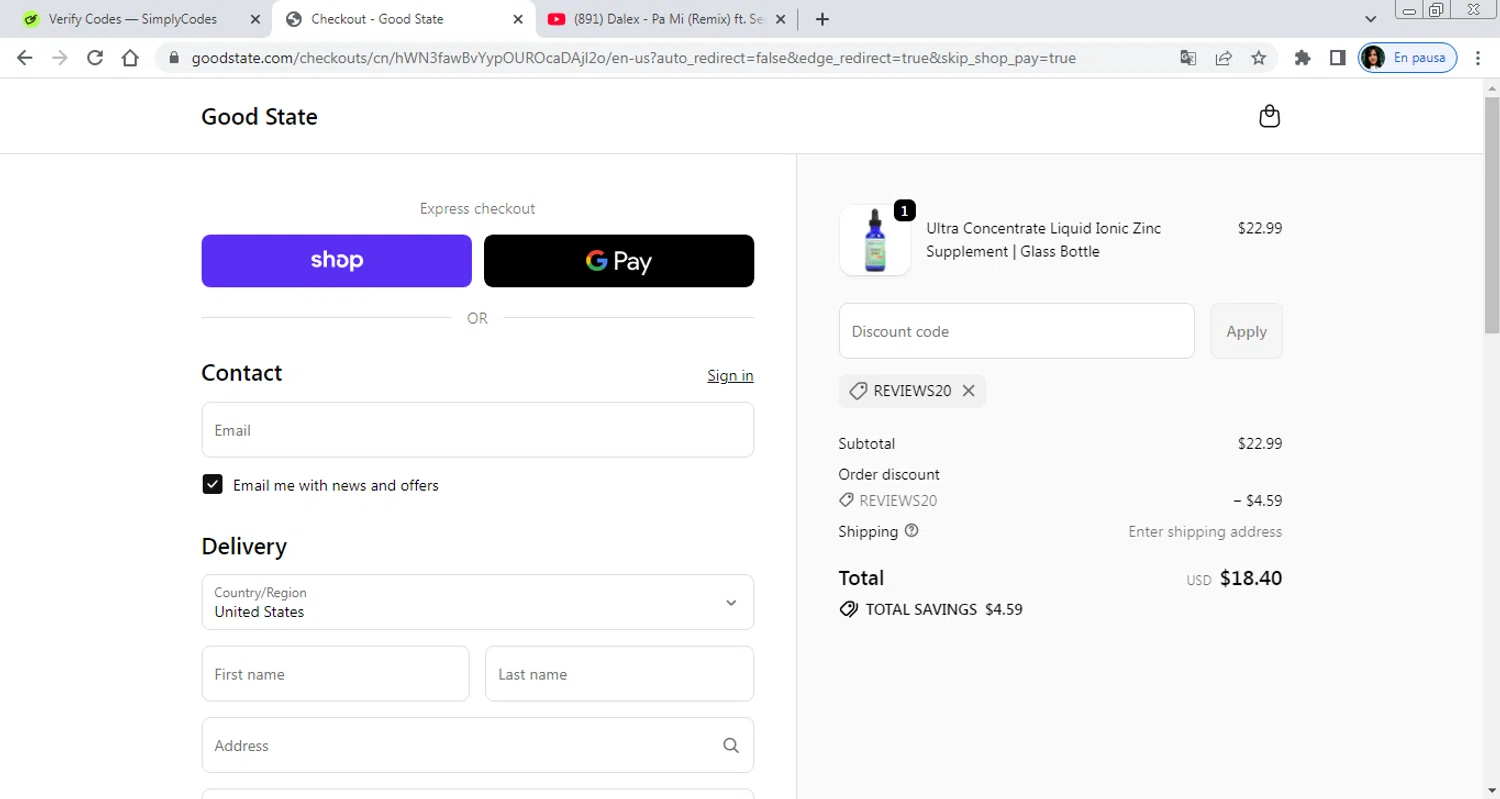 Good State discount code screenshot showing code REVIEWS20 applied at Good State checkout page. Uploaded by SimplyCodes community member PrimeAdmiral8733 on Oct 3, 2025