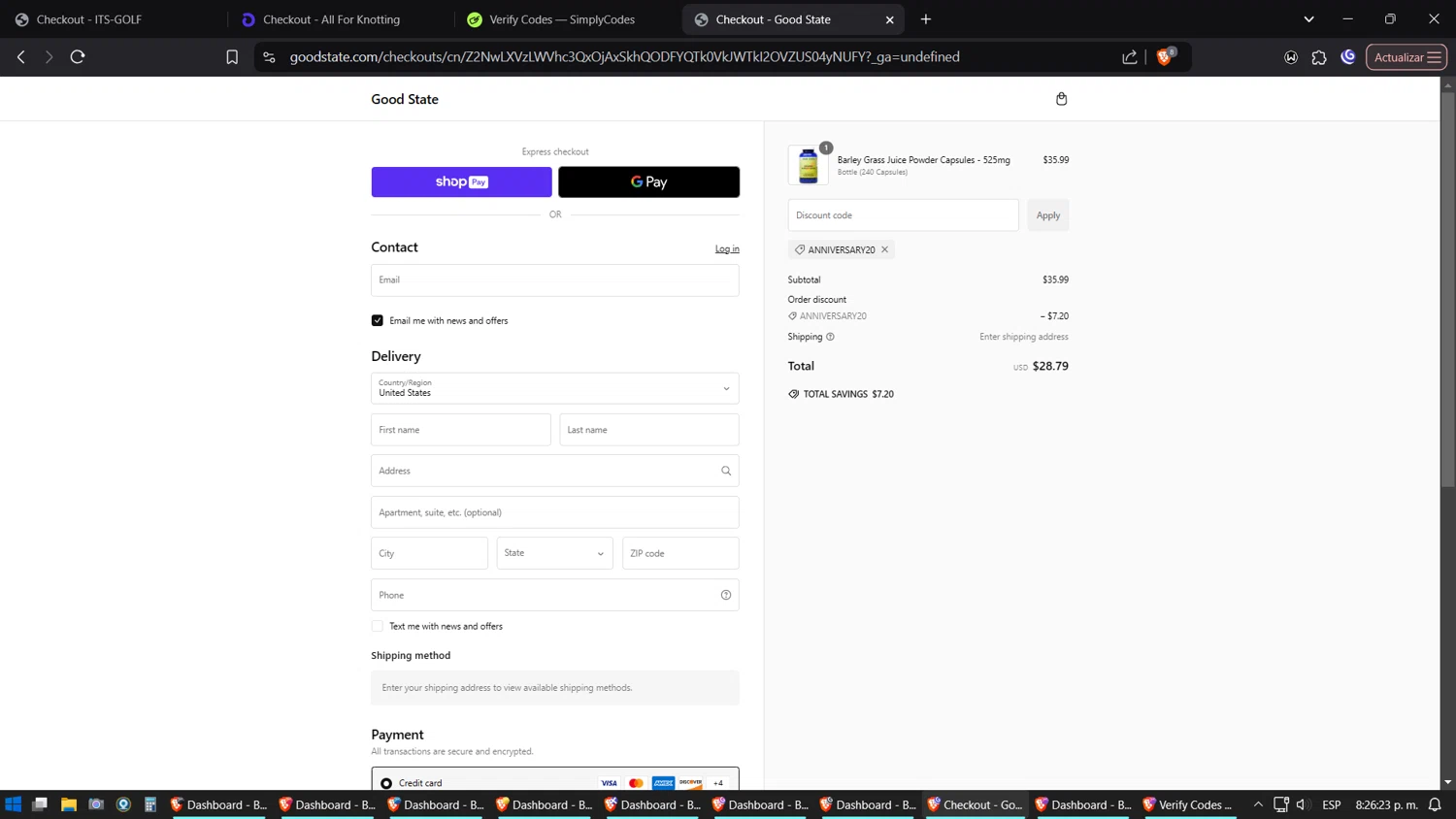 Good State discount code screenshot showing code ANNIVERSARY20 applied at Good State checkout page. Uploaded by SimplyCodes community member Amidamaru on Jan 16, 2025
