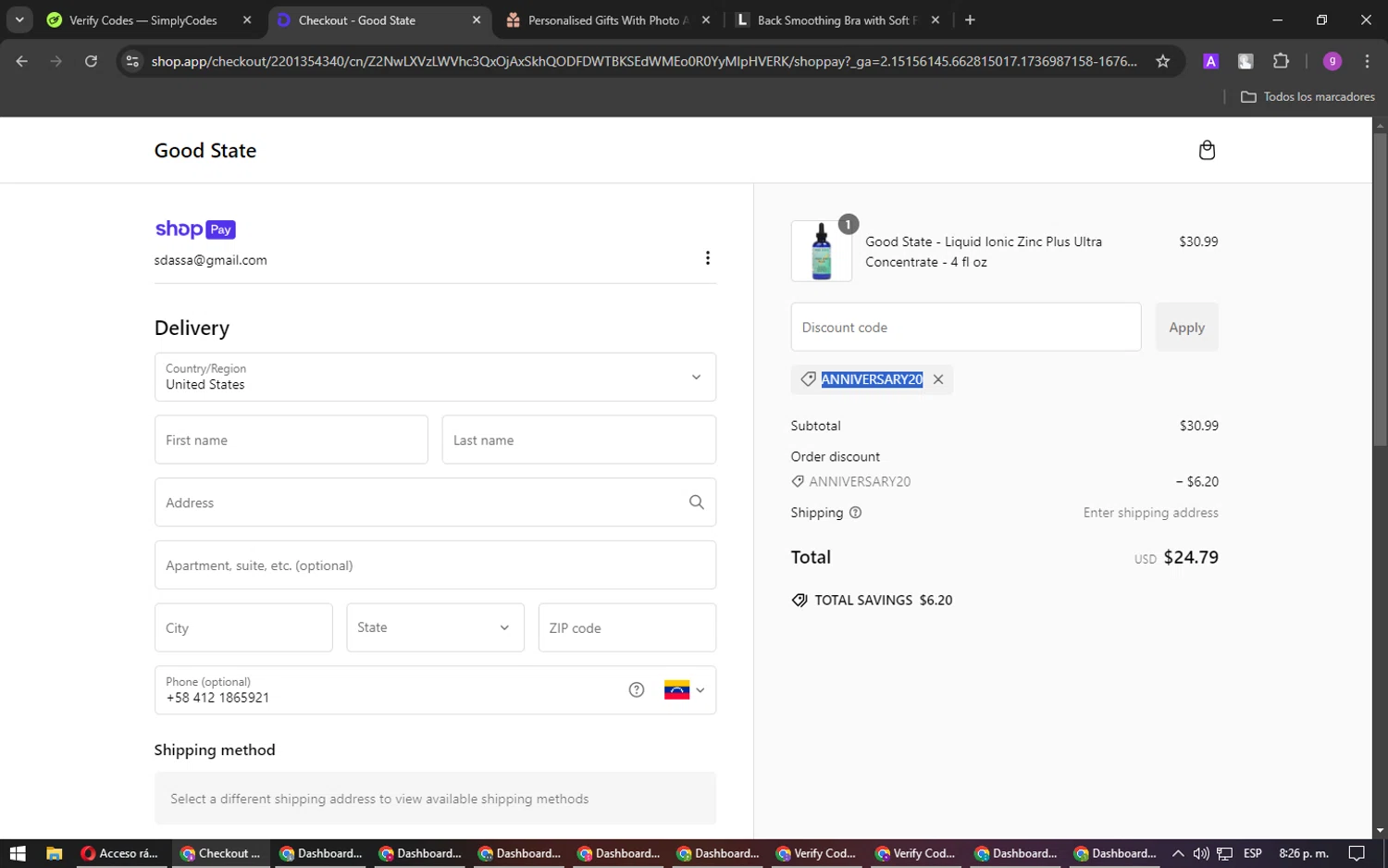 Good State discount code screenshot showing code ANNIVERSARY20 applied at Good State checkout page. Uploaded by SimplyCodes community member DealPilot7721 on Jan 16, 2025