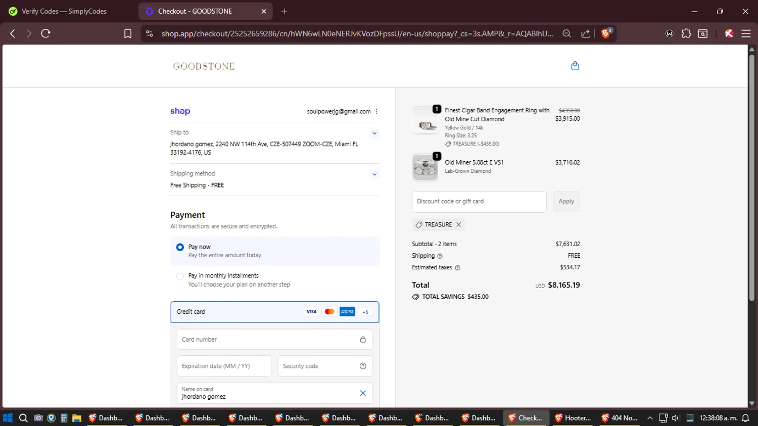 Good Stone promo code screenshot showing code TREASURE applied at Good Stone checkout page. Uploaded by SimplyCodes community member Amidamaru on Dec 28, 2025