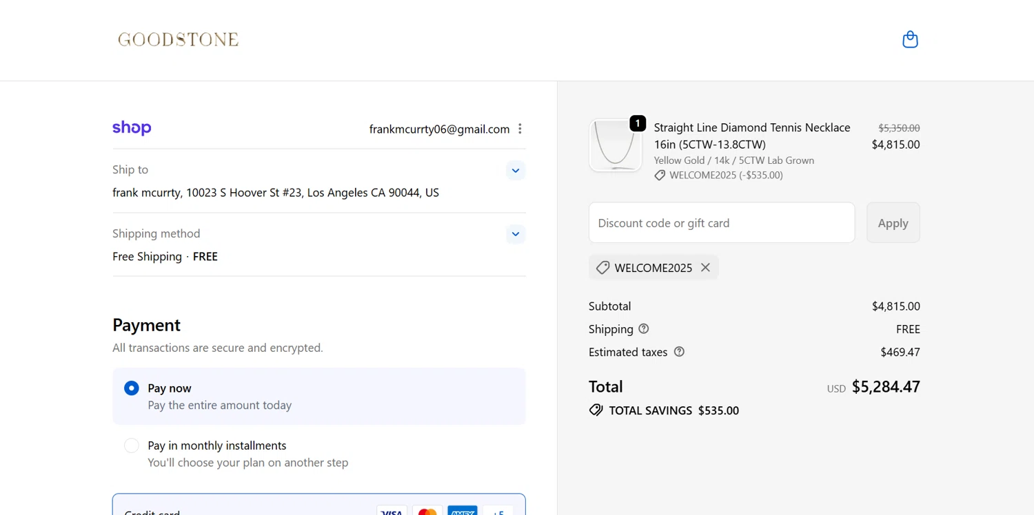 Good Stone promo code screenshot showing code WELCOME2025 applied at Good Stone checkout page. Uploaded by SimplyCodes community member SmartChaser6420 on Nov 24, 2025