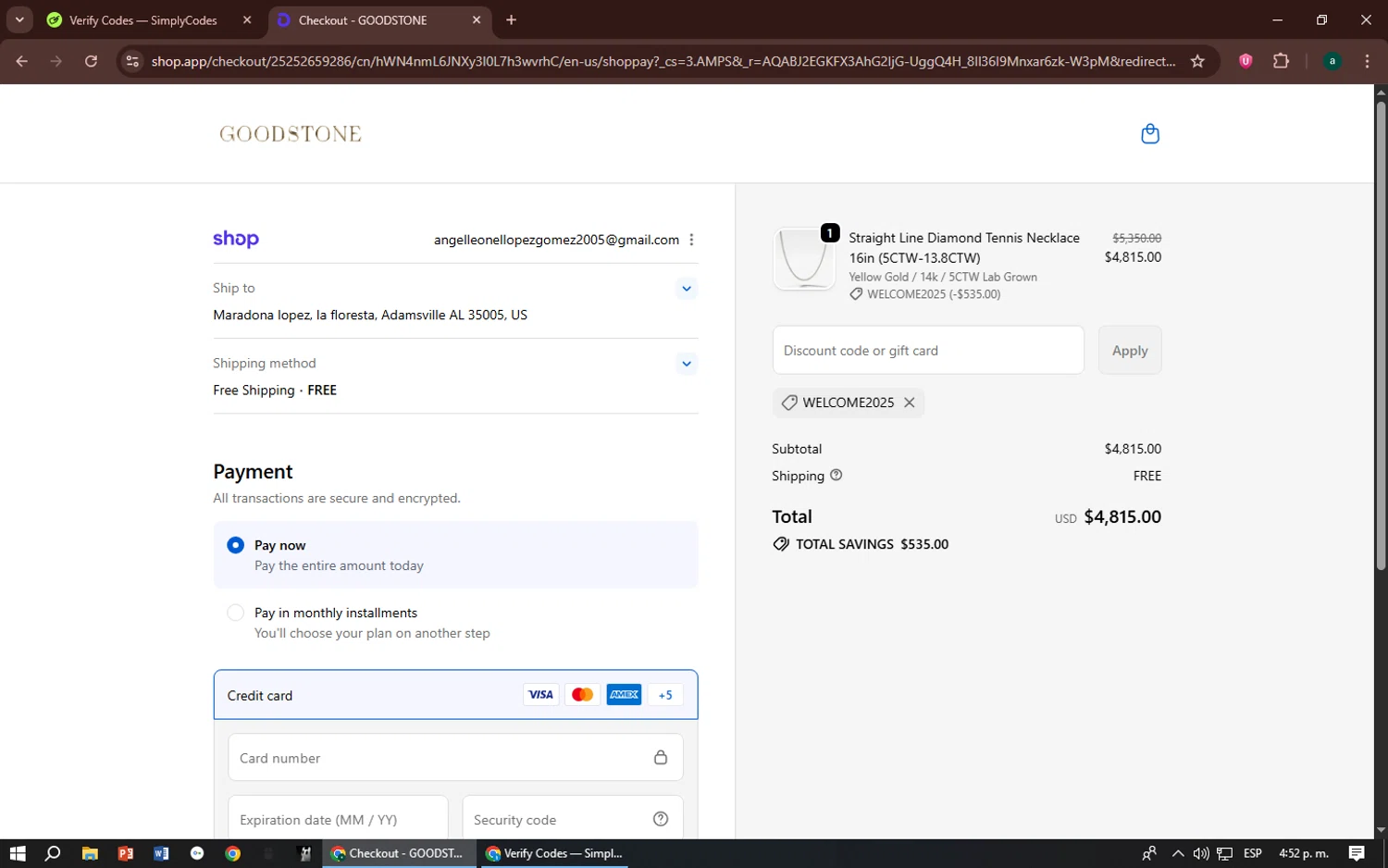 Good Stone promo code screenshot showing code WELCOME2025 applied at Good Stone checkout page. Uploaded by SimplyCodes community member zizu55 on Nov 1, 2025
