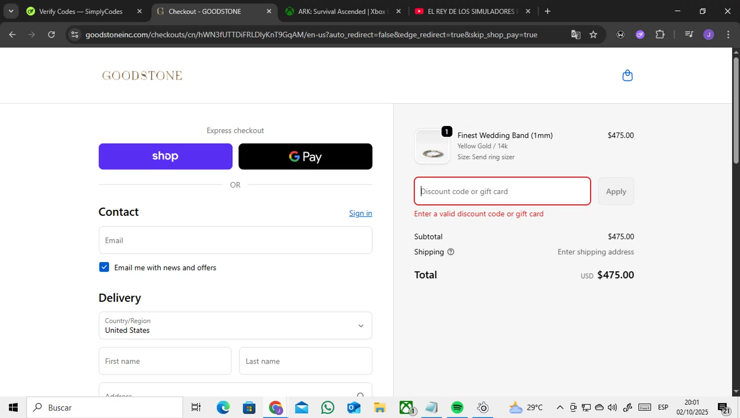 Good Stone promo code screenshot showing code SAFEOPT10 applied at Good Stone checkout page. Uploaded by SimplyCodes community member ENCARAMESSI on Oct 3, 2025