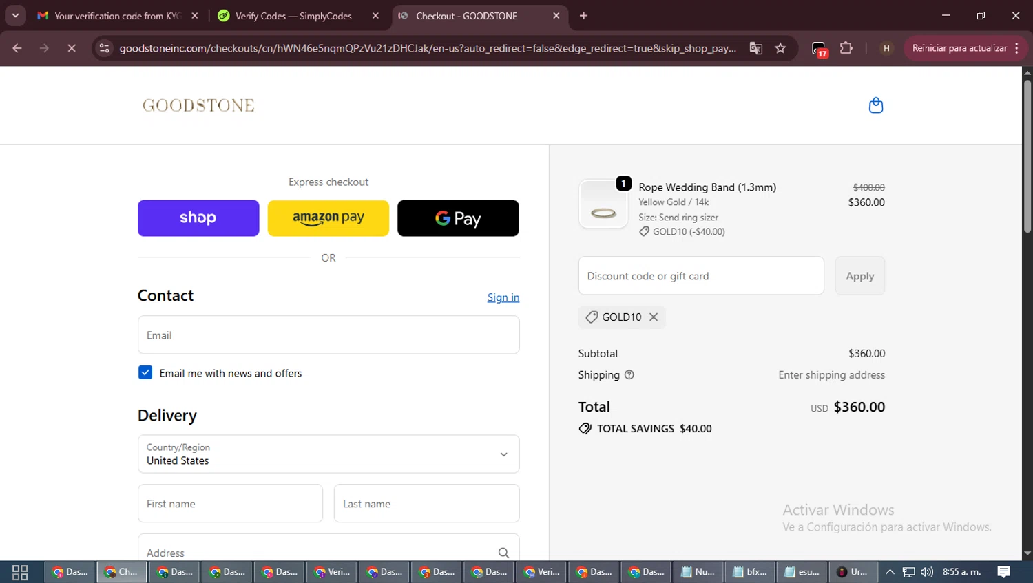 Good Stone promo code screenshot showing code GOLD10 applied at Good Stone checkout page. Uploaded by SimplyCodes community member VictoriousPioneer8823 on Oct 14, 2025