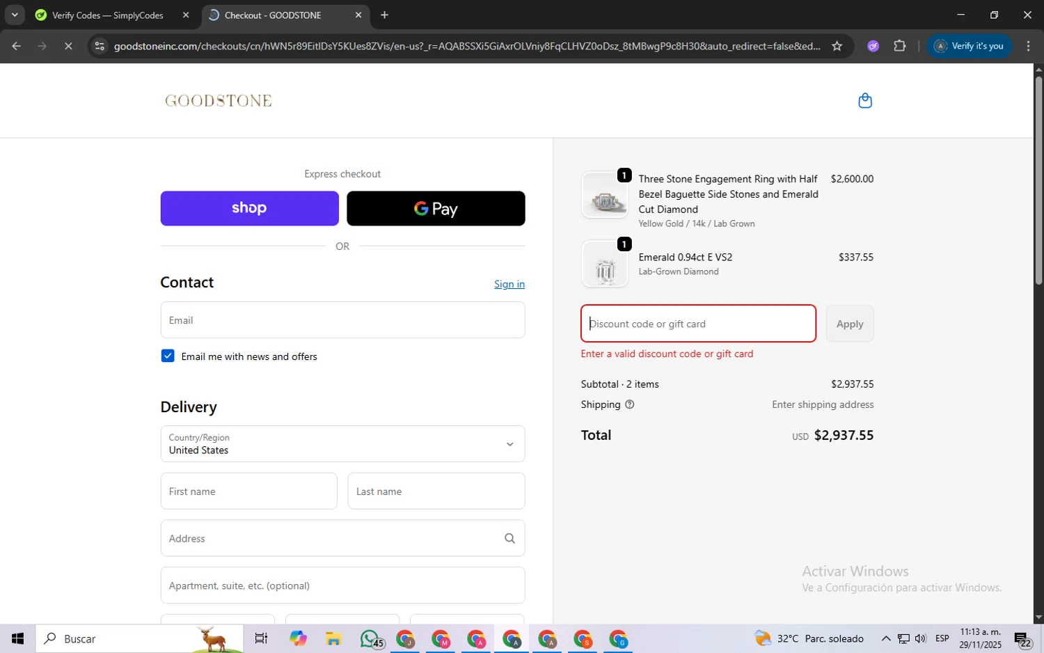 Good Stone promo code screenshot showing code SAFEOPT15 applied at Good Stone checkout page. Uploaded by SimplyCodes community member ScanSpotter8851 on Nov 29, 2025
