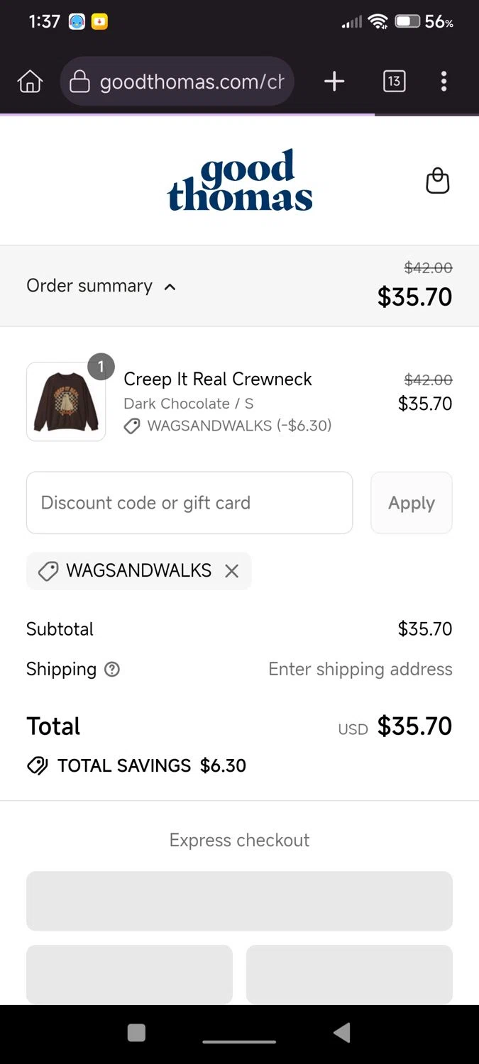 Good Thomas discount code screenshot showing code WAGSANDWALKS applied at Good Thomas checkout page. Uploaded by SimplyCodes community member Diego_Soto on Sep 8, 2025