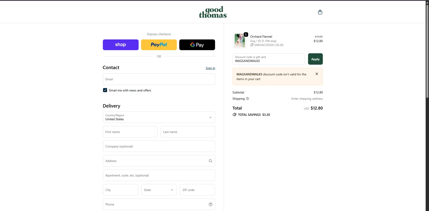 Good Thomas discount code screenshot showing code WAGSANDWALKS applied at Good Thomas checkout page. Uploaded by SimplyCodes community member TreasureChaser3010 on Nov 2, 2025